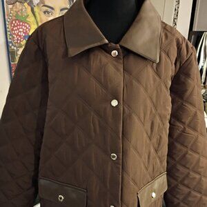 MARC NEW YORK BROWN QUILTED COAT WITH VEGAN LEATHER COLLAR AND TRIM  NWT SZ XL